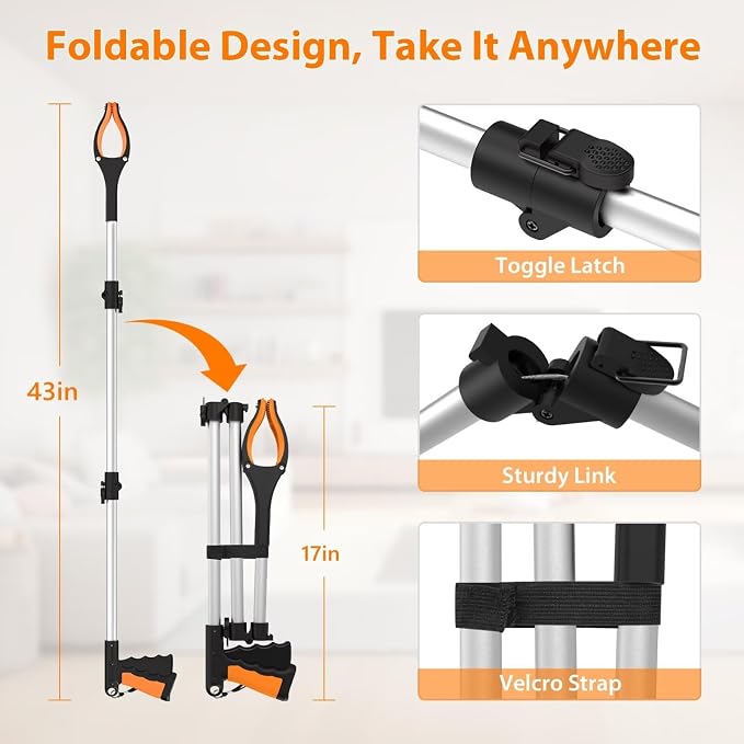 2-Pack 43" Extra Long Grabber Reacher Tool (Blue+Orange) | Foldable Trash Picker Upper, 360° Rotating Jaw + Magnets, 4" Wide Claw, Heavy Duty, Mobility Aid Reaching Tool for Seniors