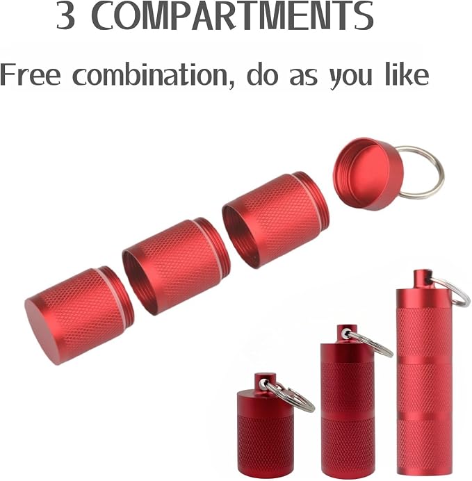 Waterproof Keychain Pill Holder - 3-Compartment, Wine Red | Anodized aluminum with a keyring. 3 detachable layers. Pocket-sized, rustproof EDC pill container