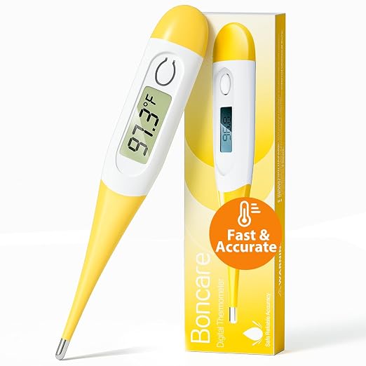 Boncare Digital Thermometer for Adults, Kids & Babies, Yellow | Accurate & Safe Oral and Rectal Thermometer with 10-Second Reading and Fever Alarm