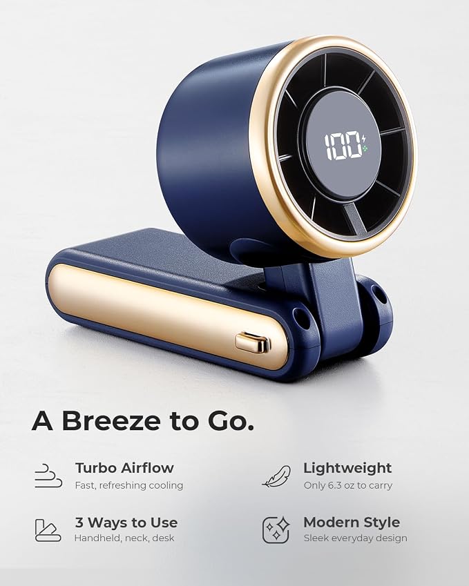 Portable Handheld Turbo Fan - 5 Gear High Speed 4000mAh Rechargeable Mini Personal Hand Fan Blow Cold Air, Battery Operated Travel Essentials, Beach Vacation, Gifts for Women, Men (Navy Blue)