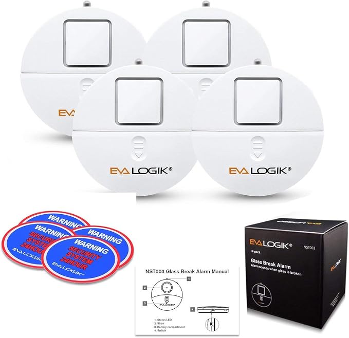 EVA LOGIK Modern Ultra-Thin Window Alarm with Loud 120dB Sound and Vibration Sensors Compatible with Virtually Any Window, Glass Break Alarm Perfect for Home, Office, Dorm Room- 4 Pack