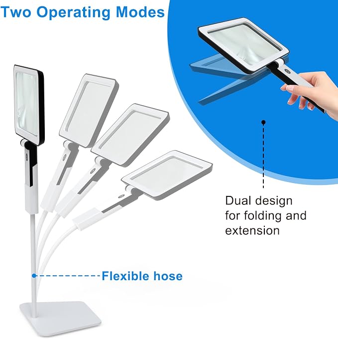 5X Tabletop Magnifying Glass with Light,Detachable and Foldable Acrylic Lenses Handheld Magnifying Glass,Lightweight Rectangular Flexible Gooseneck Magnifier for Seniors Reading、Close Work