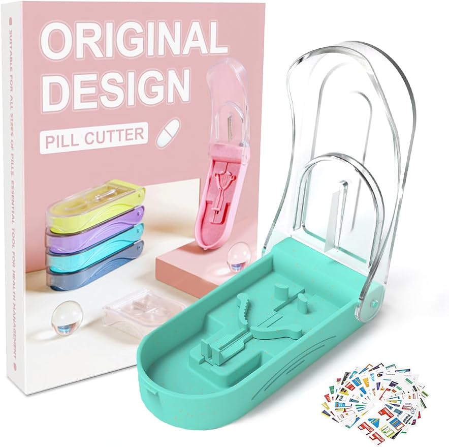 Pill Cutter with Medicine Labels Stickers, Easy to Carry and Use Pill Splitter, Splitter Provides Drug Prompts, Assist Family Members in Using Drugs Quickly and Safely (Blue Green)