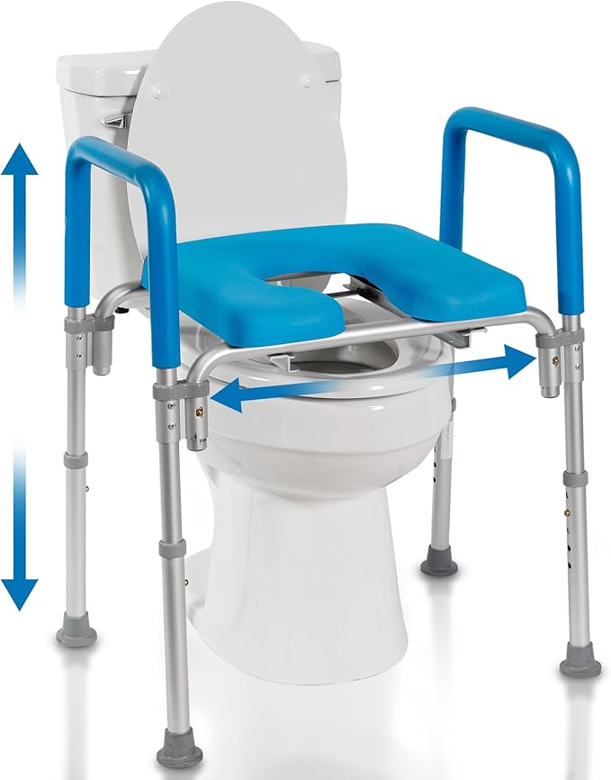 Ultimate Raised Toilet Seat with Handles, Bedside Commode, Padded Armrests, Adjustable Height, Premium Elevated Toilet Seat for Elderly Bathroom Safety with Arms, Standard and Elongated Toilets, Blue