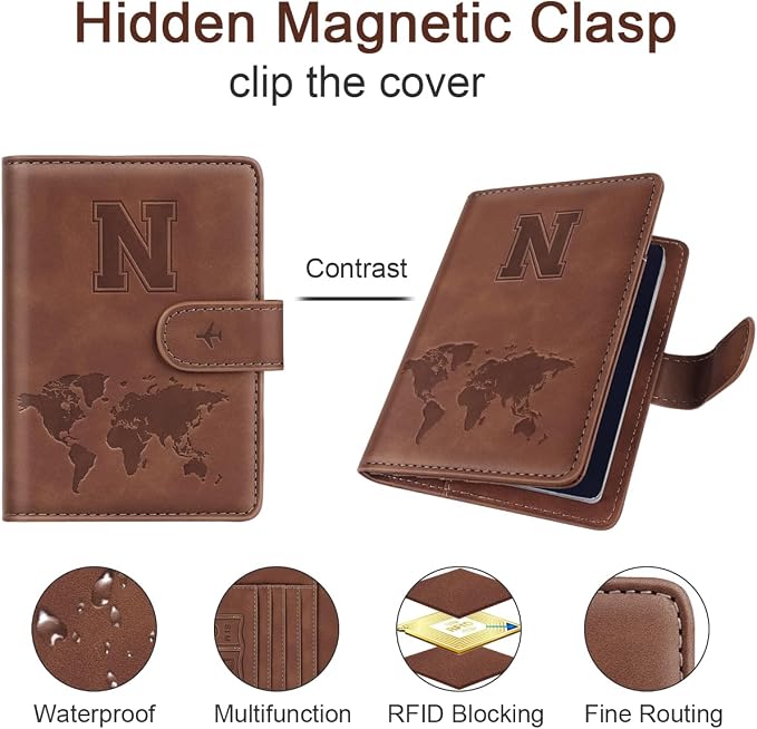Passport Holder Wallet Cover Personalized Initial Travel Essentials | Embossed Letter A-Z Design, Travel Wallets, RFID Blocking, Passport Book Holders, Women Men, Personalized Gifts, Brown-N