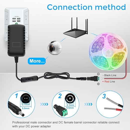 12V Power Supply, 12 Volt 2A 24W DC Power Supply with On Off Switch, Black Switching LED Power Adapter, AC 110V to 12V Wall Wart Transformer Plug for LED Strip Lights with 5.5/2.1 DC Female Connector