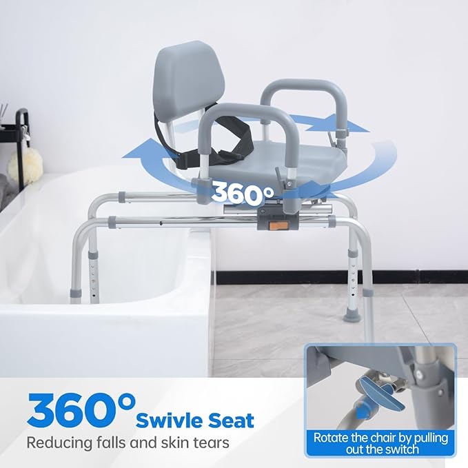 FSA/HSA Eligible Sliding Shower Chair with Swivel Seat, Rotating Tub Transfer Bench Shower Bench with Padded Seat and Backrest for Elderly and Disabled, Gray