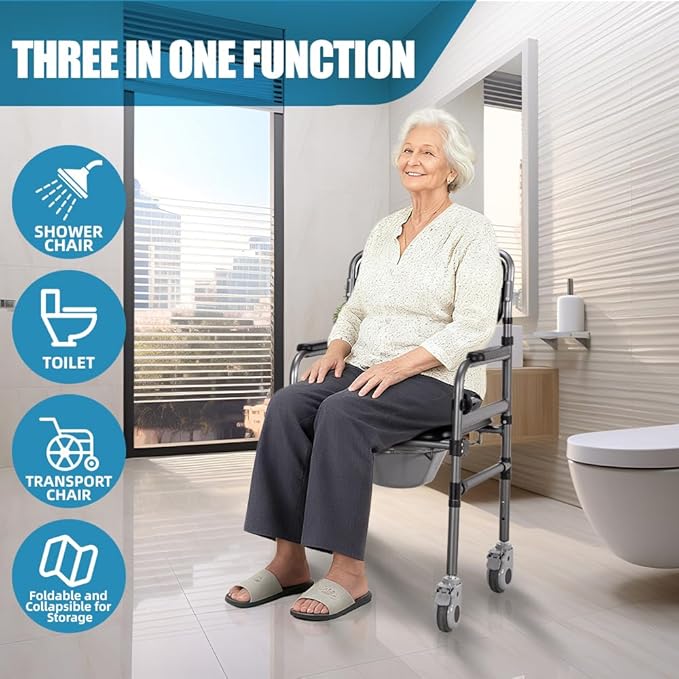 Bedside Commode Chair Foldable Height-Adjustable Toilet Chair with PU Seat 3" Locking Wheels, 400lbs Capacity, 22.8-40.6" Adjustablefoldable Shower Chair (Toilet- Open Type)