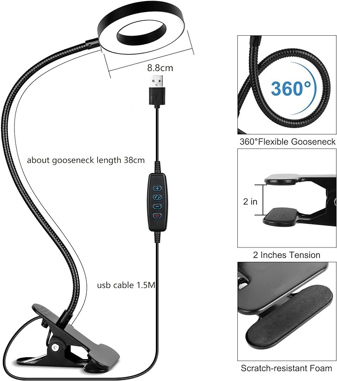 Woputne Desk Lamps Clip on Reading Light for Bed Home Office Craft (Black) | With 5V 2A Adapter, 10 Dimmable Brightness 3 Modes, Flexible Neck Light Desk Lamps for Home Office Headboard