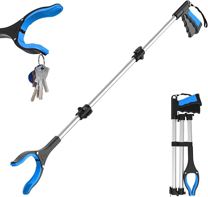 43" Grabber Reacher Tool Foldable Extension Grabber for Seniors Blue | 360° Rotating Jaw, Two Magnets, 4" Wide Claw Opening, Extra Long Trash Picker Upper, Mobility Aid Reaching Tool for Elderly