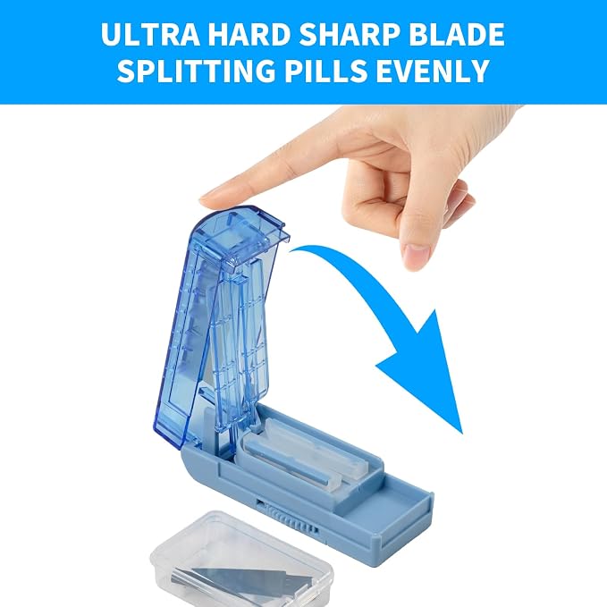 Multiple Pill Cutter for Small or Tiny Pills, Adjustable Pill Splitter for Large Pills Multi Tablets, Stainless Steel Cutting Blade and Blade Guard (Blue)