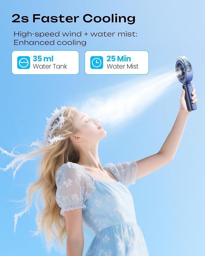Otlonpe Handheld Misting Fan Portable, Powerful 4 High Speeds Rechargeable Small Hand Held Fan Water Mist, 4000mAh Battery Operated, Foldable, Lanyard, Personal Cooling for Travel Men Wome