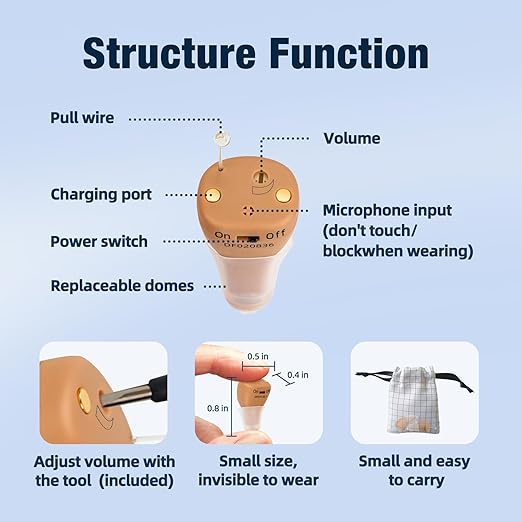 Hearing Aids, Rechargeable Hearing Aids for Seniors Adults with Noise Cancellation,A Pair Completely-in-Canal (CIC) Invisible OTC Hearing Amplifier, Beige