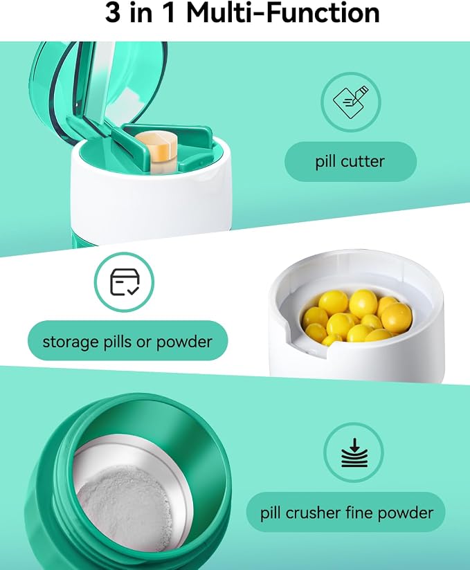 Pill Crusher Fine Powder - Cotatoc 3-in-1 Pills Grinder with Stainless Steel Grinding Pestle, Portable Pill Cutter and Crusher for Elderly and Pets (Cyan)
