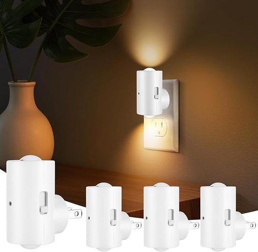 4 Pack Mini Dimmable LED Night Light, Plug-in Wall Light with Dusk to Dawn Auto On/Off, 180° Rotating Head, 3000K Soft White, 0-200 LM for Nursery, Hallway, Bathroom,Bedroom