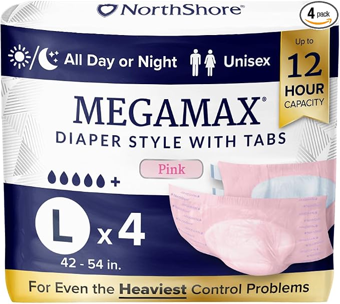 NorthShore MegaMax 12-Hour HBL Adult Diapers for Heavy Bladder Leaks, Large, 4 Count, Pink, 42-54 inches, Tab-Style Incontinence Underwear for Men, Women & Teens