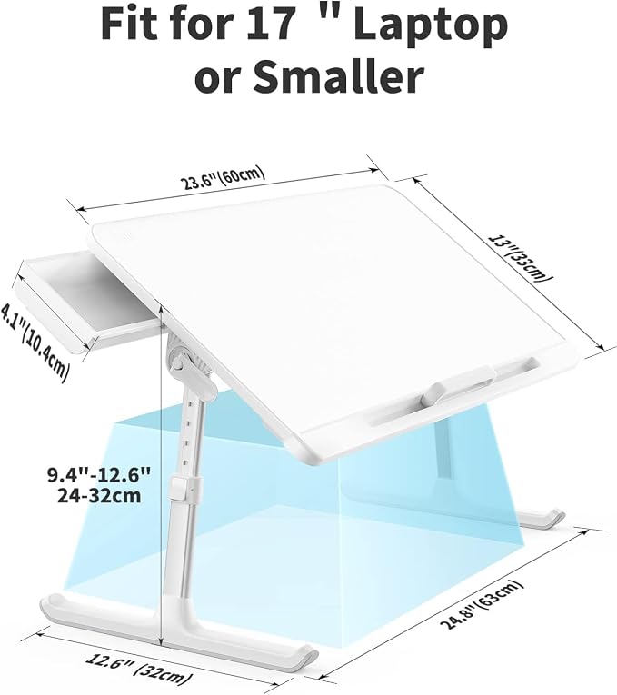 SAIJI Laptop Bed Tray Table, Adjustable PVC Leather Laptop Bed Table, Portable Standing Desk with Storage Drawer, Foldable Lap Tablet Table for Sofa Couch Floor (Large,White) | Fits 17" Laptop, Work From Home & Dorm Study, with Storage Drawer & PVC Lea...