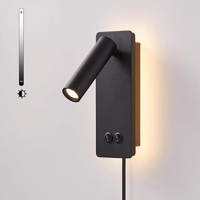 Wall Mounted Reading Light for Books in Bed, Bedside Wall Lamps with 3 Dimming, 350°Rotation Plug in Wall Sconce, Upgrade Headboard Bedside Lamp for Bedroom Living Room (Black)