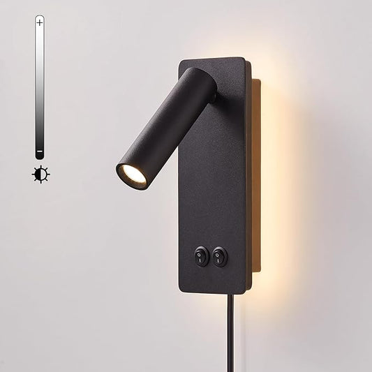 Wall Mounted Reading Light for Books in Bed, Bedside Wall Lamps with 3 Dimming, 350°Rotation Plug in Wall Sconce, Upgrade Headboard Bedside Lamp for Bedroom Living Room (Black)