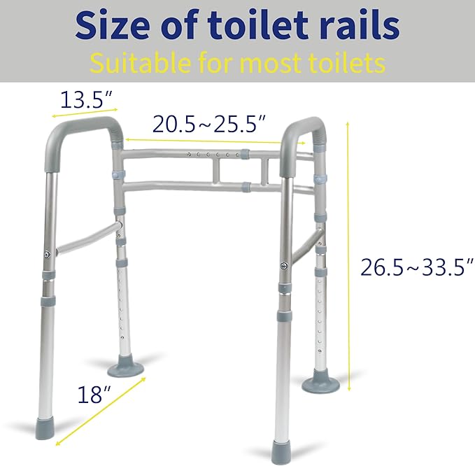 Toilet Safety Rails, Adjustable Toilet Rails for Elderly Adults Senior Disabled Handicap, Toilet Assistance Handles Safety Frames, Fit for Most Toilet, Foldable & Portable