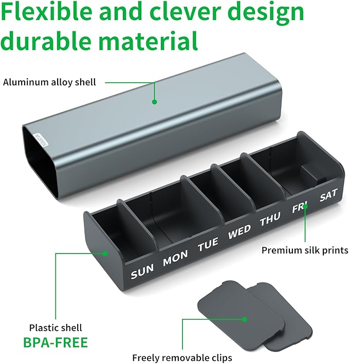 Metal Weekly Pill Organizer 7 Day,Removable Comparments Daily Pill Box, Travel Pill Case, Large Capacity Cute Pill Holder to Hold Vitamins, Medicines, Supplements, Pills Organizer