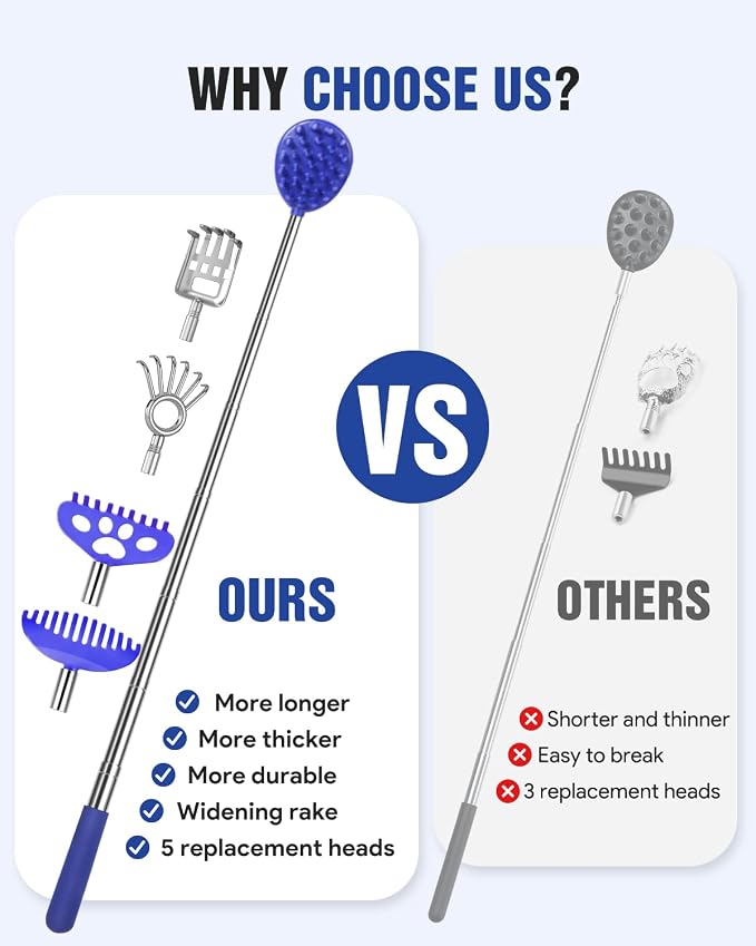 Telescoping Back Scratcher with 5 Detachable Heads, Gifts for Men, Blue | 10-31'' Reach,Stainless Steel, Non-Slip Grip, Birthday Gifts for Men Women, Christmas Stocking Stuffers, White Elephant Gifts