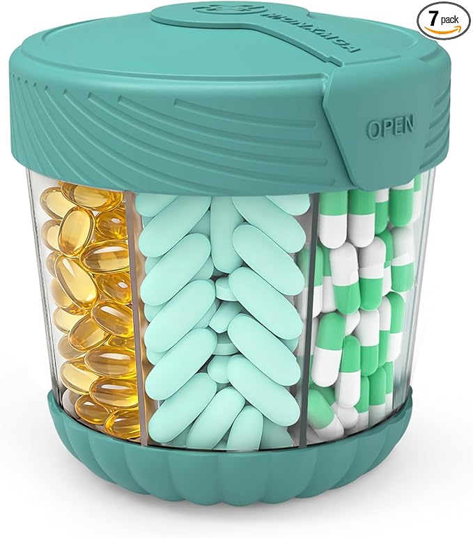 Cute Pill Dispenser with 7 Large Compartments, Portable Pill Bottle Organizer with Wide Opening for Travel, Anti-Mixing Pill Container, Shatterproof BPA-Free, Includes 20 Pcs Labels, Cyan