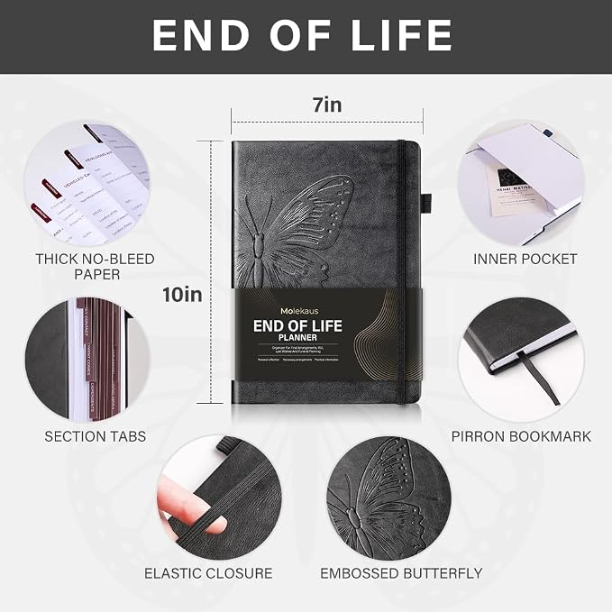 Molekaus End of Life Planner with Tabs, 7"x10" | Guided Estate Planning Organizer, Large Print, 120GSM Thick Paper, Inner Document Pockets for Final & Legal Affairs, Black