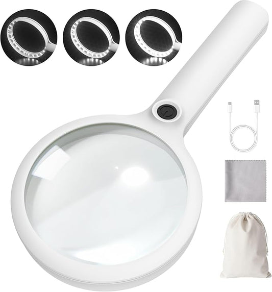 10X Large Magnifying Glass with Light, Upgraded 4.33" Handheld Illuminated Lighted Magnifier with 3 Light Modes for Seniors Reading, Coins, Jewelry, Close Work, Kids Nature Exploration(White)