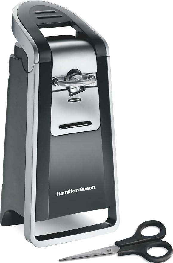 Hamilton Beach Smooth Touch Electric Can Opener With Easy Push Down Lever | Opens All Standard, Extra-Tall & Pop-Top Cans | Includes Stainless Steel Scissors | Black & Chrome | 76607J
