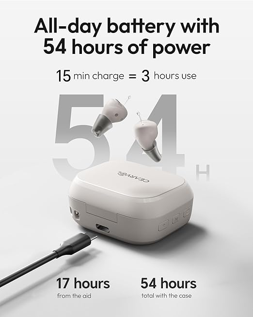 Nano Case Control OTC Hearing Aids Rechargeable, 3 Hearing Programs Feedback Cancellation Noise Reduction 54 Hours Battery Comfort-Fit ITC Design, Starlight Color
