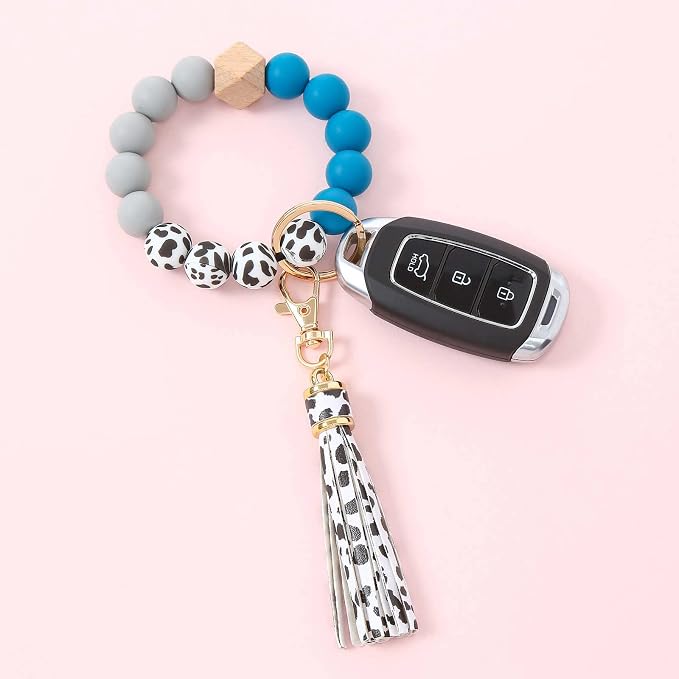 BAOSIWA Silicone Beaded Bracelet Keychain Wristlet Key Ring Bangle Chains for Women with Leather Tassel