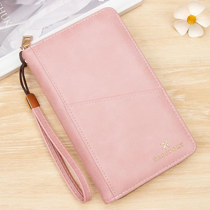 Family Passport Holder for Travel Women and Men RFID Passport Holder with Zipper Passport Case Passport cover Passport Wallet Travel Essentials and Accessories(1-2,Pink)