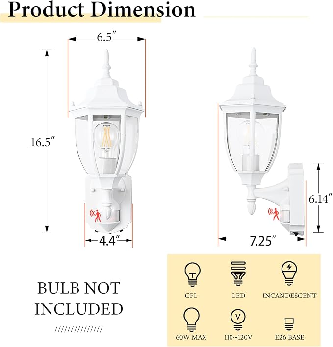 Porch Lights Outdoor Motion Sensor Wall Sconce Anti-Rust Aluminum, Exterior Outdoor Wall Lights Dusk to Dawn Porch Light Fixture Wall Mount for House Outside Patio White
