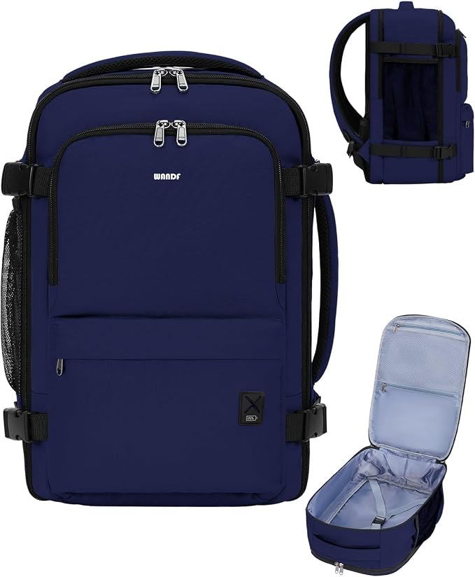 WANDF Personal Item Travel Bag, Small Travel Backpack 17x10x9 for United Airlines, 15.6" Laptop Backpack for Men Women (Navy Blue)