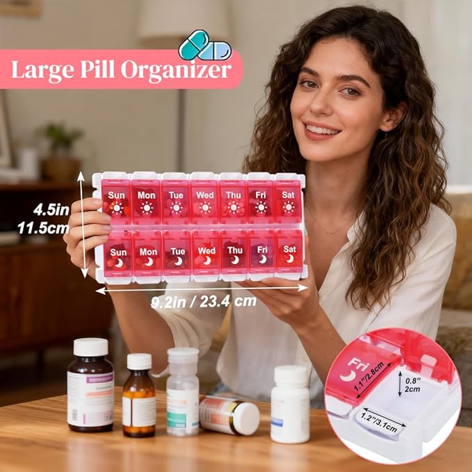 Shintop Weekly Pill Organizer 2 Times, Pink Pill Box Push Button Daily Vitamin Case Easy Fill Morning Night Medicine Organizer for Fish Oil Supplements