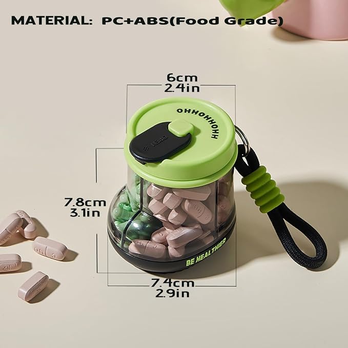 MURRI&MURRDI Portable Pill Bottle Organizer, Lovely Pill Dispenser with 4 Compartments, Travel Pill Organizer with Anti-Mixing & Wide Openings Design, Small Pill Container Cute Pill Bottle (B Green)