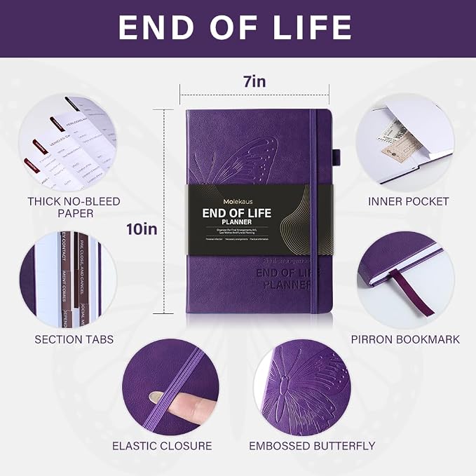Molekaus End of Life Planner with Tabs, 7"x10" | Guided Estate Planning Organizer, Large Print, 120GSM Thick Paper, Inner Document Pockets for Final & Legal Affairs, Purple