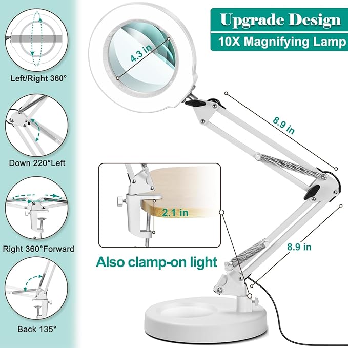 10X Magnifying Glass with Light and Stand, 5 Color Modes Stepless Dimmable 2-in-1 Desk Lamp with Clamp, Hands Free LED Lighted Magnifier with Light for Craft Hobby Painting Reading Close Works - White