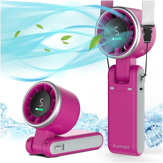 PlayHot Portable Handheld Turbo Fan, Travel Essentials, Gifts for Women/Men | 5-Speed, Up to 12H, 10m/s Airflow, USB-C Rechargeable, LED Display, 3-in-1 Foldable Personal Fan for Cruise, Beach, Vacation