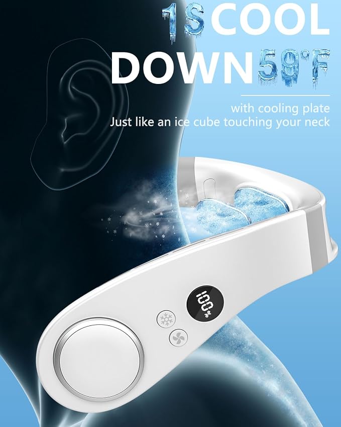Portable Neck Fan with Cooling Plate, Chargeable 5500mAh 3-15H Lasting, Personal Cooling Fan with LED Display, Wireless Hand-Free Mini Headphone Fans Festival Gifts for Kids Women Men Adults, White