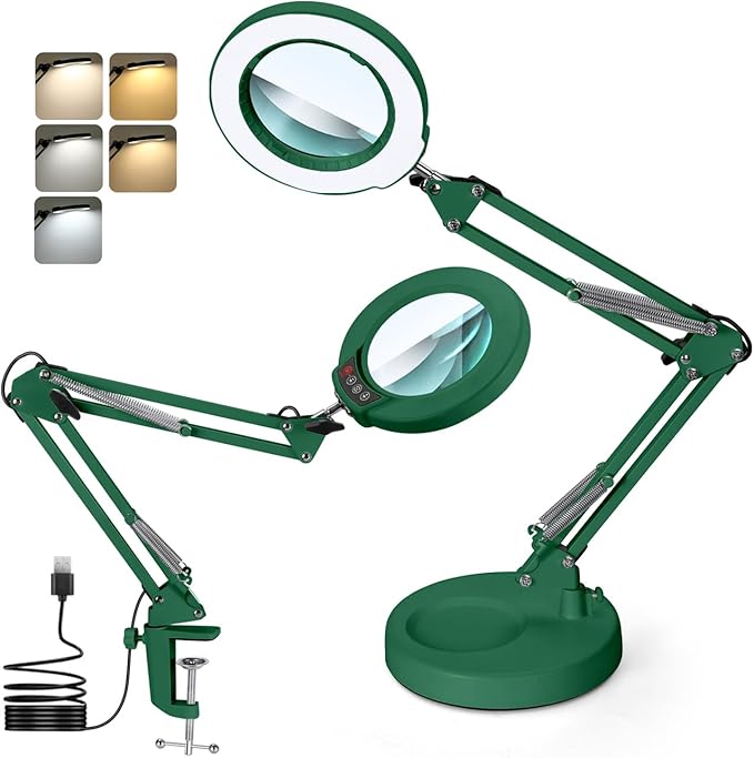 10X Magnifying Glass with Light and Stand, Real Glass Lens Desk Lamp, Lighted Magnifier with Light Stepless Dimming Hands Free for Craft, Reading, Painting, Sewing, Solder - Green