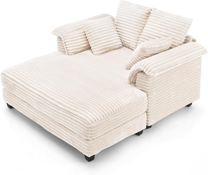 VINGLI 56" Oversized Chaise Lounge Chair, Beige Comfy Corduroy Chaise Sofa Recliner Bed Upholstered Sleeper Couch Bed with Throw Pillows and Armrests for Living Room, Movie Room, Bedroom