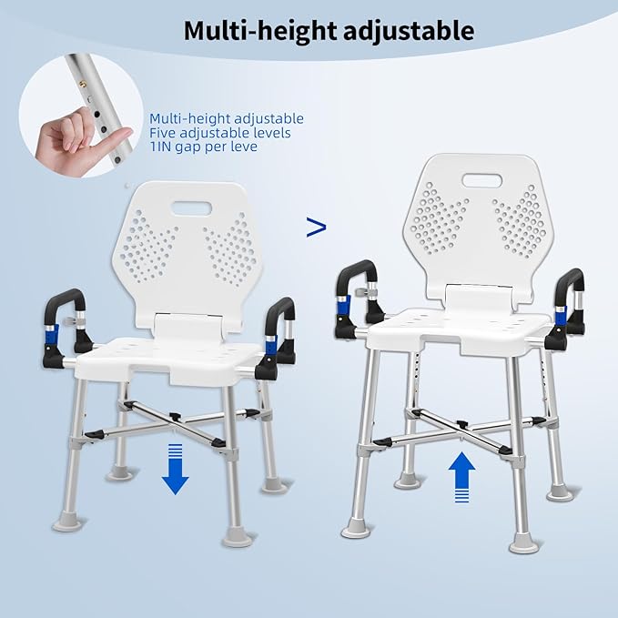 Shower Chair for Seniros Elderly Handicap Disabled or Bariatric Adults with Arms and Back, Bench Seat for Inside Shower stall and Bathroom Bath Tub Seats Adjustable Stool Heavy Duty 500 lbs sit Chairs