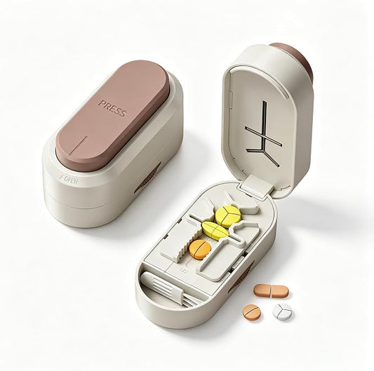 Pill Cutter Splitter for Small and Tiny Large Pills,Adjustable Pill Splitter Push-Button Cuts into 1/2, 1/3, 1/4，Comes with a Small Brush and a Medicine Storage Box (White, Press-Cut)