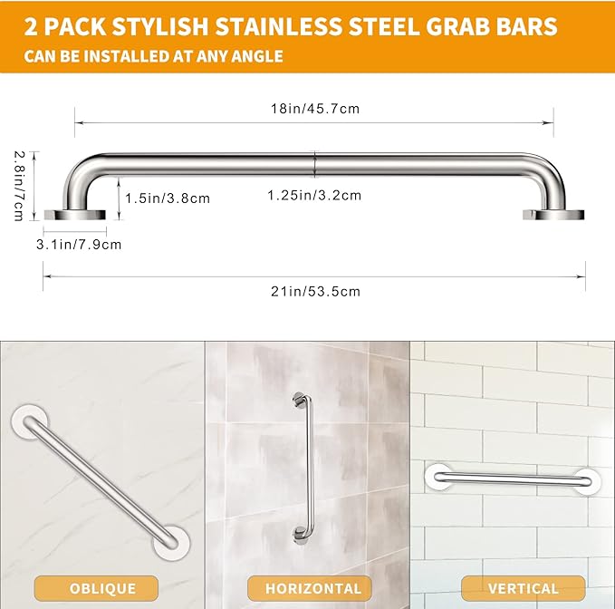 2 Pack Grab Bars for Bathroom, 18 Inch Chrome Stainless Steel Shower Grab Bar, Concealed Screw Balance Assist Safety Bath Handrail, 500lbs Support Shower Handle for Handicap, Elderly, Injury