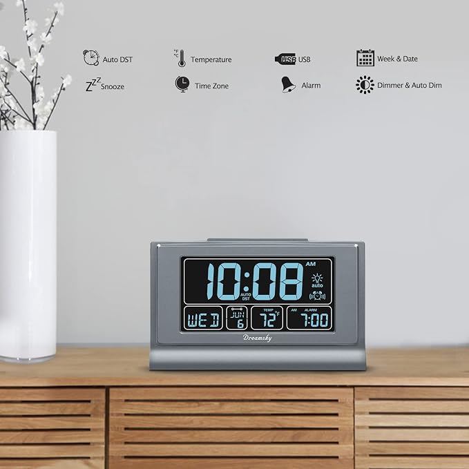 DreamSky Digital Alarm Clock with Battery Backup, 5 Inch Large Display, Auto Set Clock, USB Charging Ports, 12/24H | Digital Clock with Date & Day of Week, 5 Inch Large Display, Weekday, Temperature, USB Port, Auto DST, Brightness Dimmer