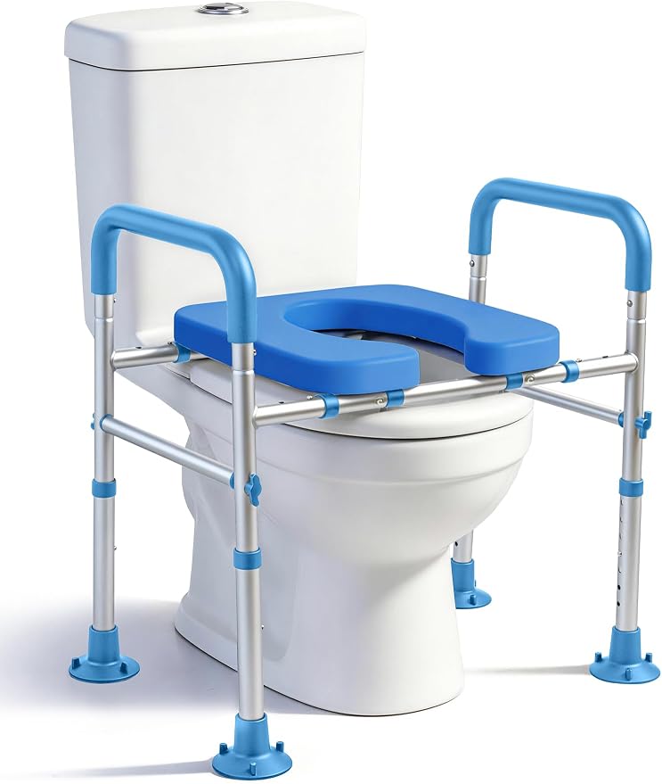 Adjustable Raised Toilet Seat with Handles for Seniors, Blue | 400lbs Capacity Elongated Toilet Seat Riser, Elevated Toilet Seat with Soft Cushion & Removable Armrests