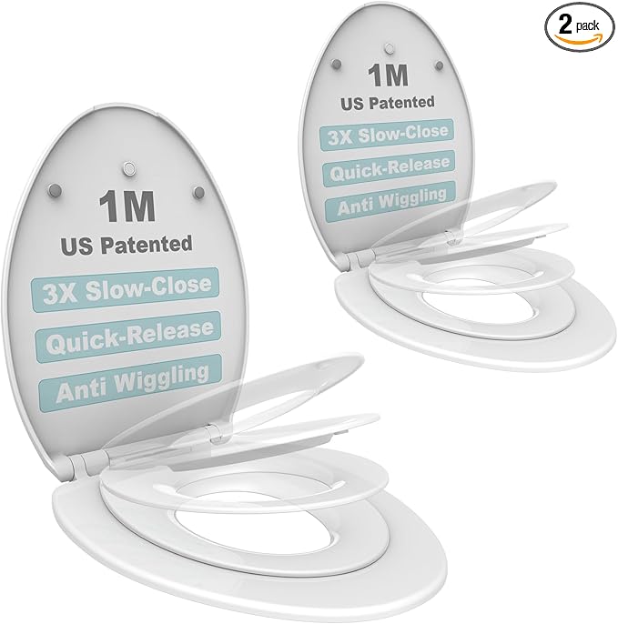 1M Family Toilet Seat, Patented Slow Close & Quick Releasing Technology, Anti-Wiggling, Easy to Install and Clean, Standard Elongated with Toddler Seat Built In (2 Pieces)