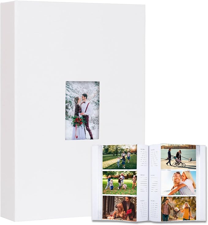 4x6 Photo Album Holds 360 Photos with Writing Space, Leather Cover Picture Book with Front Window for Family Wedding Baby Travel & Graduation Memories, White